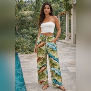 10 Women TOMMY BAHAMA silk linen wide leg tropical print trouser pant TALL